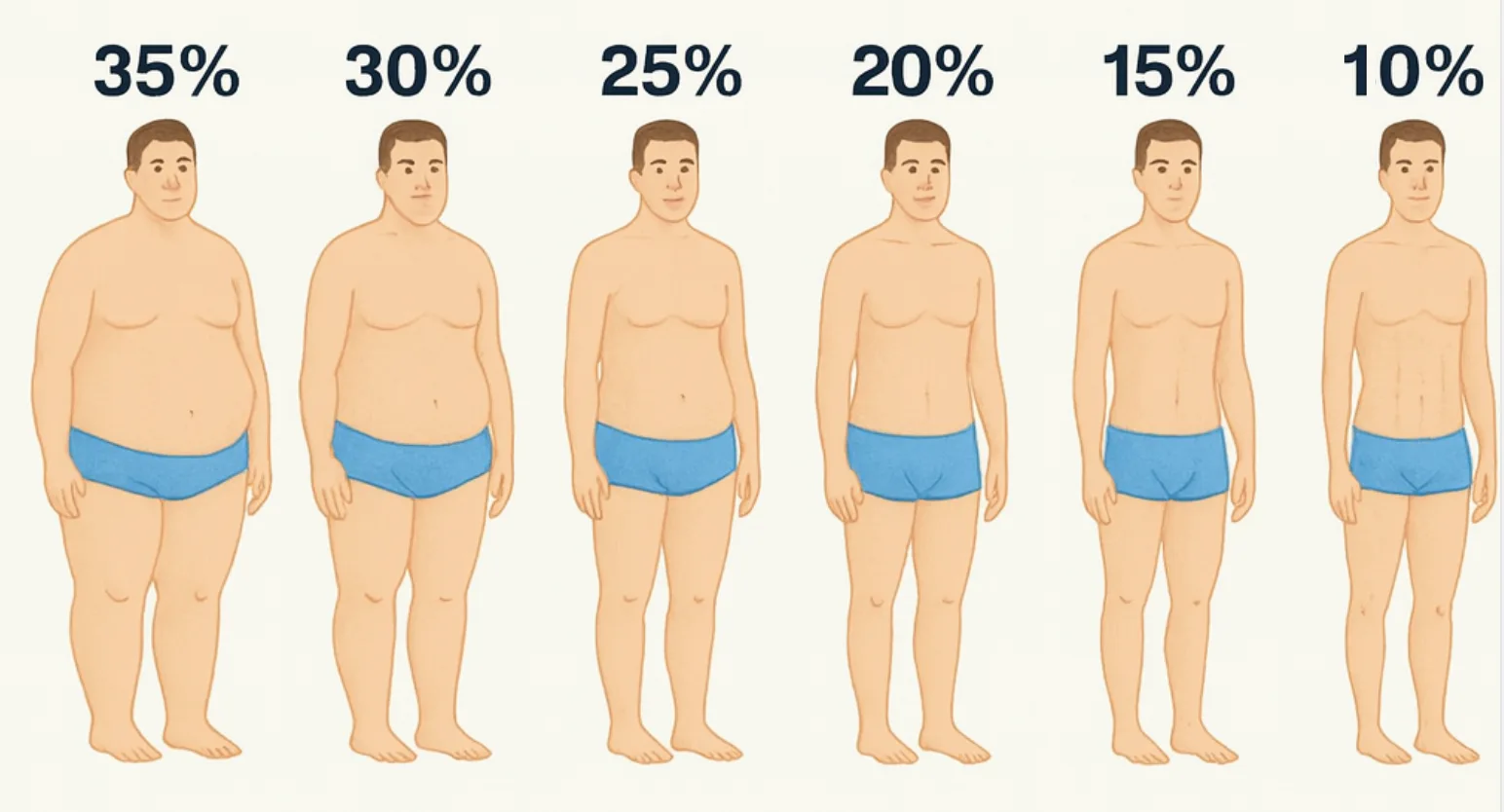 Siluetas masculinas del 35% al 10% de grasa corporal — tabla de comparación visual